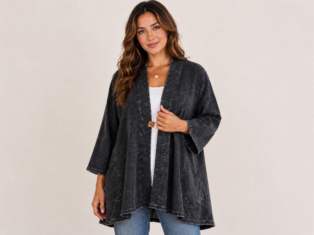 Jess & Jane Black Mineral Wash Oversized Lagenlook Cardigan Jacket Plus Size 1X